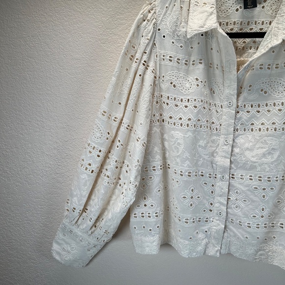 House of Harlow 1960 Button Up blouse Womens Sz. L eyelet Puff Sleeve Romantic - Picture 8 of 15